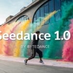 مشهد ترويجي لنموذج Seedance 1.0 من بايت دانس، تظهر أشخاصًا يركضون وسط انفجارات مساحيق ملونة زاهية في بيئة حضرية، مع شعار "Seedance 1.0 BY BYTEDANCE" بارزًا، ترمز للإبداع في توليد الفيديو بالذكاء الاصطناعي.
