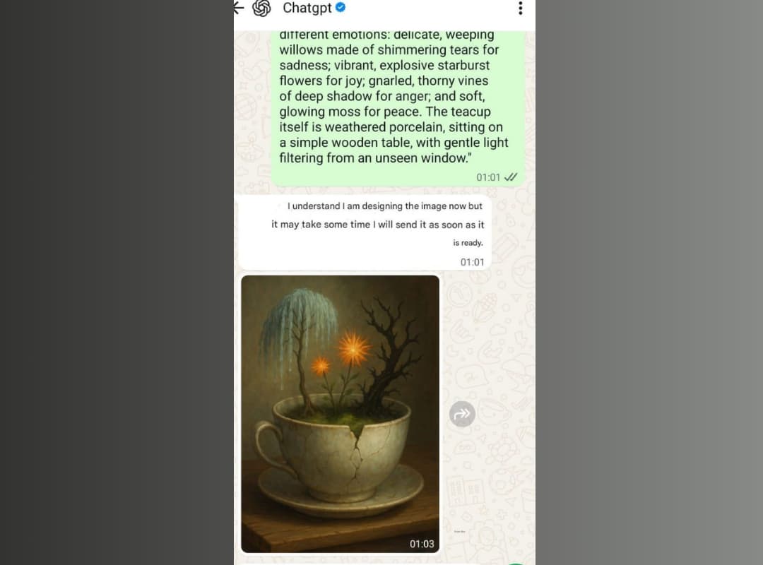A practical example of using ChatGPT on WhatsApp to generate an artistic image of a teacup containing trees and flowers.