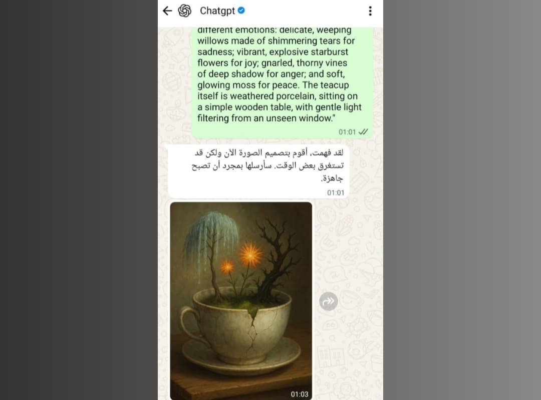 مثال عملي لاستخدام ChatGPT في واتساب لتوليد صورة فنية لفنجان شاي بداخله أشجار وأزهار.