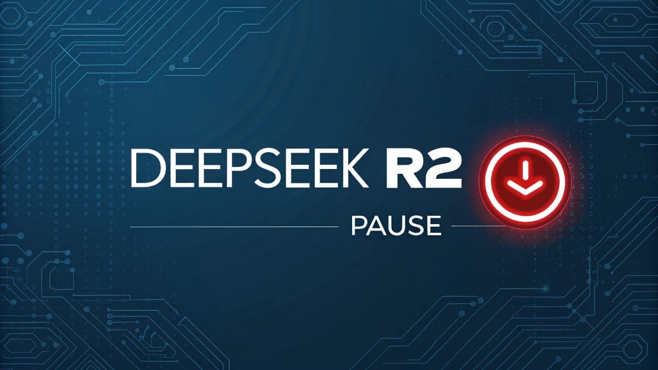 An illustrative image showing the DeepSeek R2 name with the word "PAUSE" and a red stop icon on a tech-themed background.
