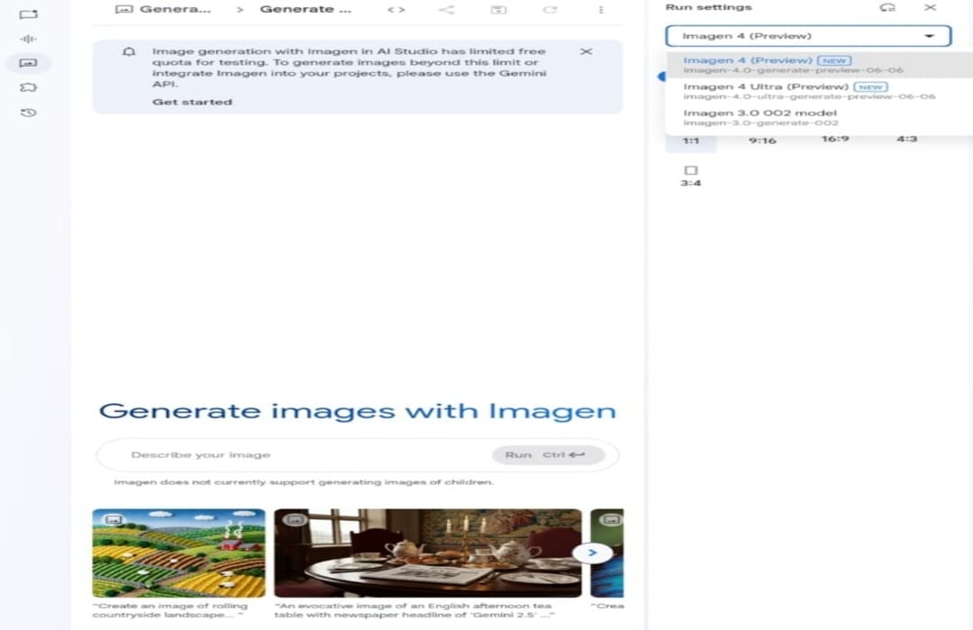 لقطة شاشة لواجهة Google AI Studio تُظهر خيارات توليد الصور باستخدام نماذج Imagen 4 و Imagen 4 Ultra، مع حقل لإدخال وصف الصورة وأمثلة لصور مولدة سابقًا.