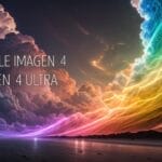 A colorful abstract artwork symbolizing AI's power, featuring light interplays, cosmic clouds, and clearly visible "GOOGLE IMAGEN 4" & "IMAGEN 4 ULTRA" text integrated into the design.