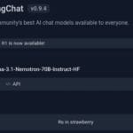 Screenshot of the main HuggingChat platform interface displaying the language model in use (Llama) and a notification about the availability of the DeepSeek R1 model, with links to the model page and API.