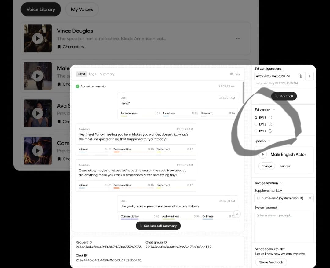 Hume AI EVI 3 system interface displaying a conversation with the AI voice model, showing its ability to analyze human emotions like calmness and enthusiasm during interaction.