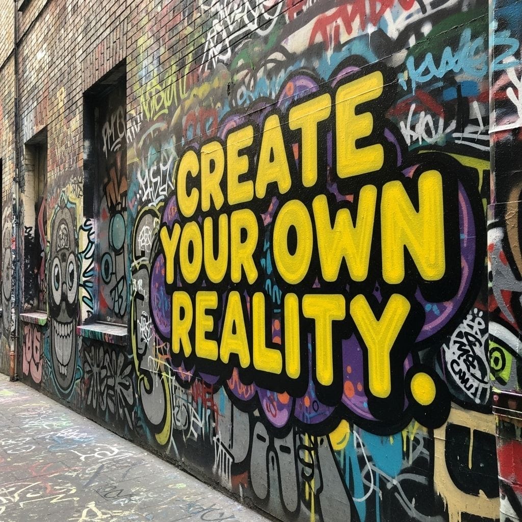 صورة لجدارية جرافيتي، تظهر العبارة 'CREATE YOUR OWN REALITY' بأحرف صفراء كبيرة وبارزة وسط رسومات وألوان متعددة على جدار من الطوب. تم إنشاؤها بواسطة نموذج Imagen 4 Ultra من جوجل.