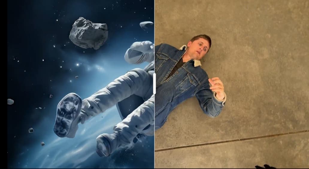A split-screen image showing the power of the Modify Video tool: on the right, a man in a denim jacket lying on a concrete floor. On the left, the same man in the same pose, but wearing an astronaut suit and floating in outer space among stars and asteroids.
