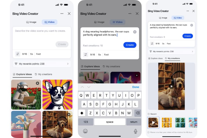 Three images illustrating the video design process within the Bing app.