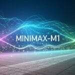 تمثيل بصري لنموذج MiniMax-M1 للذكاء الاصطناعي مفتوح المصدر مع إبراز قدراته في معالجة البيانات وسياق المليون وحدة.