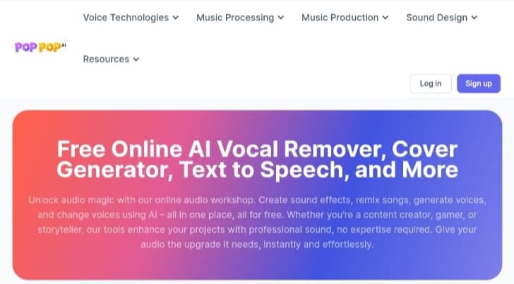 PopPop.ai homepage: Free AI tools for vocal removal, AI song covers, text-to-speech, music generation, and more.