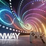 Image showing the word RUNWAY in illuminated letters, with a video game controller in the foreground and a film strip spiraling in a futuristic background.