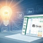 Screen displaying Grok's spreadsheet editing interface with charts and a lightbulb, symbolizing xAI's AI innovation.