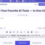 Screenshot of the Cabina AI website interface showing the headline "All Your Favorite AI Tools—in One Chat" with options for chat, comparison, and starting for free.