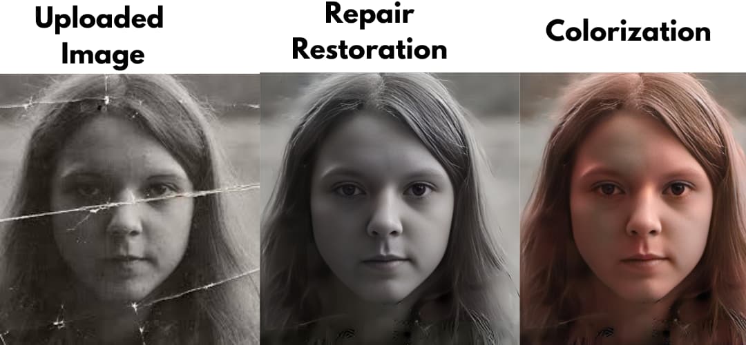 Restoring and colorizing a girl's photo for free with AI using the aiconvert.online platform.