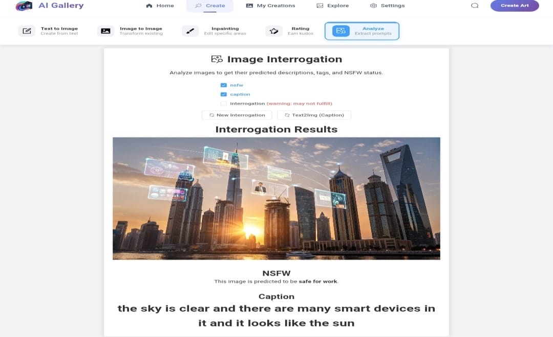 Image interrogation at AI gallery app Example of image analysis and descriptions using the "Interrogation" tool.