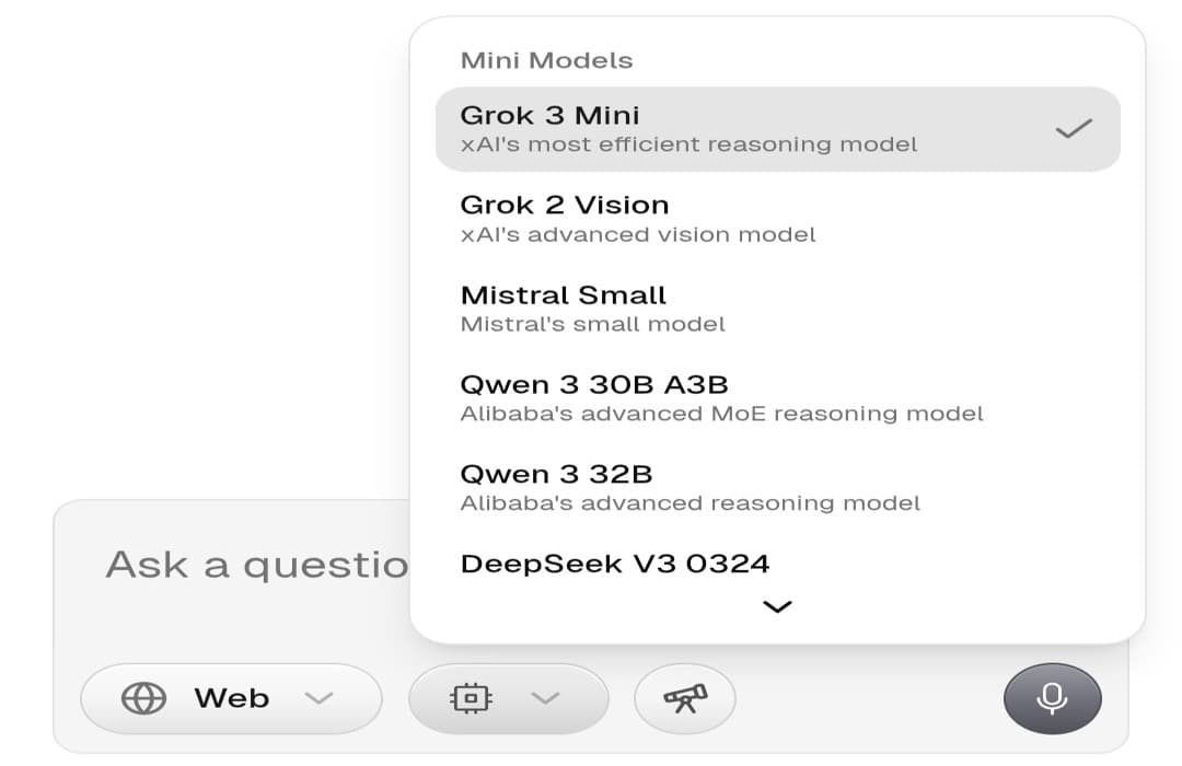Some of the AI models available inside the Scira AI platform Screenshot of the Scira AI user interface, showing some of the available AI models on the platform.