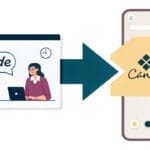 Illustration of a browser window with the Claude AI logo pointing to a smartphone displaying the Canva design interface.