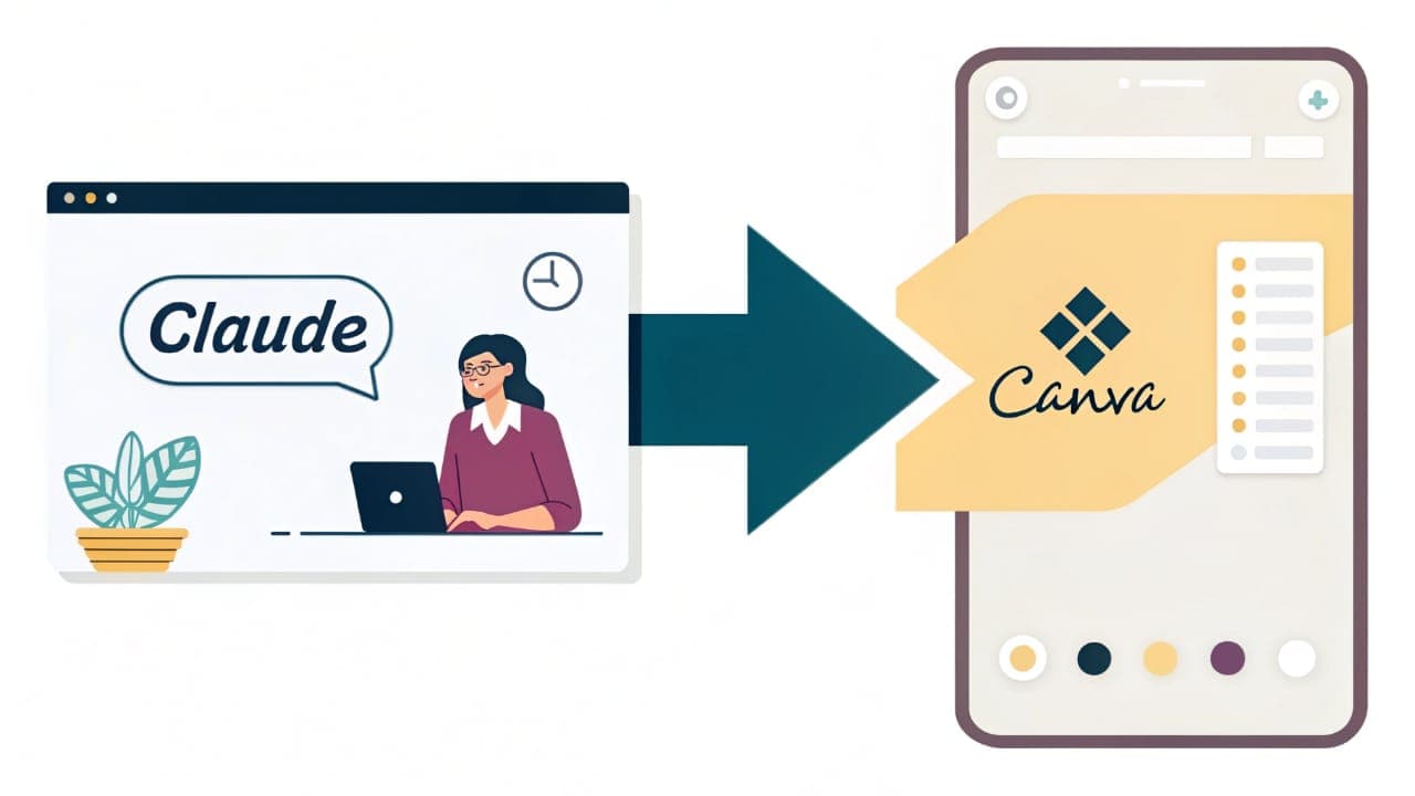 رسم توضيحي يظهر نافذة متصفح تحمل شعار Claude AI تشير بسهم إلى هاتف ذكي يعرض واجهة تصميم Canva.