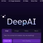 Screenshot of the DeepAI homepage, showing the site logo and the menu of tools including AI Chat, Image Generator, and Video.