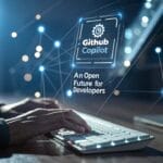 مطور يستخدم GitHub Copilot على محرر الأكواد VS Code، مع ظهور شعار الخدمة ونص "مستقبل مفتوح للمطورين" في واجهة رقمية متطورة.