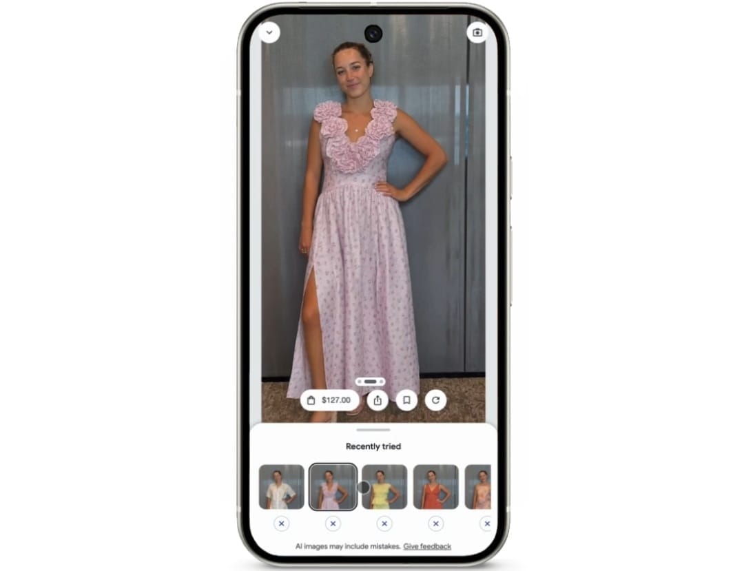 Google's new virtual try-on feature A woman looks at her phone to virtually try on a pink dress with Google's new AI shopping tool.