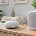 صورة لجهازي جوجل نيست أوديو ونيست ميني على مكتب خشبي، مع عبارة Gemini AI وأسماء الأصوات الجديدة Yarrow وPila، وموجات صوتية ملونة تخرج من الجهازين.