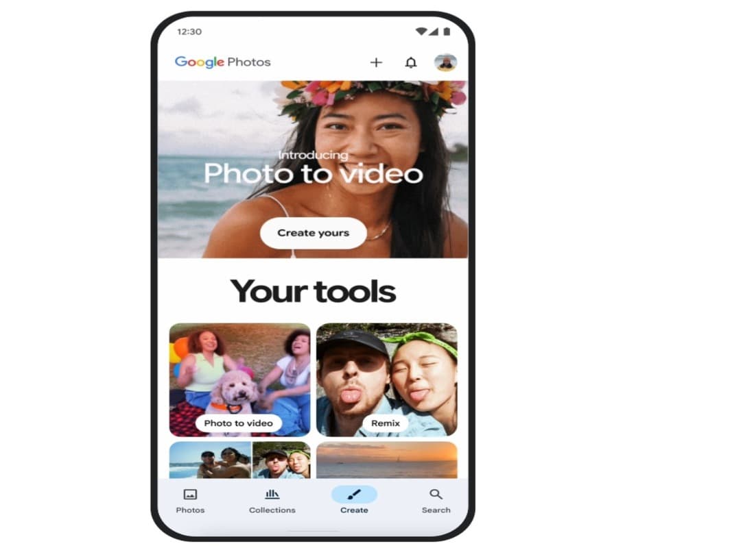 واجهة تطبيق صور جوجل الجديدة تظهر علامة تبويب 'Create' مع أدوات الذكاء الاصطناعي 'Photo to video' و 'Remix'.