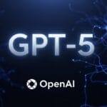 Silver text reading "GPT-5" with the OpenAI company name below it, set against a dark background depicting a glowing blue neural network.