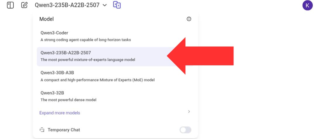 A screenshot showing the steps to select the Qwen3-Thinking-2507 AI model from the list of available models on the chat.qwen.ai website