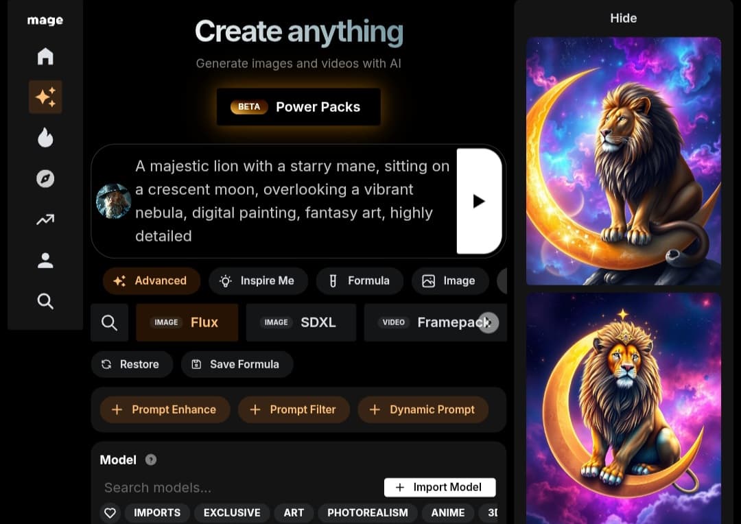 An example of using the Mage Space platform, showing the text prompt 'A majestic lion sits on a crescent moon' with the final AI-generated image that matches the description