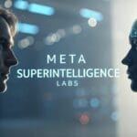 An artistic representation of Meta's Superintelligence Labs, showing a human face opposite an AI representation as a luminous neural network.