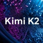 صورة توضيحية لنموذج الذكاء الاصطناعي Kimi K2 من شركة Moonshot AI الصينية، مع خلفية تقنية تظهر لوحة إلكترونية وألياف ضوئية.