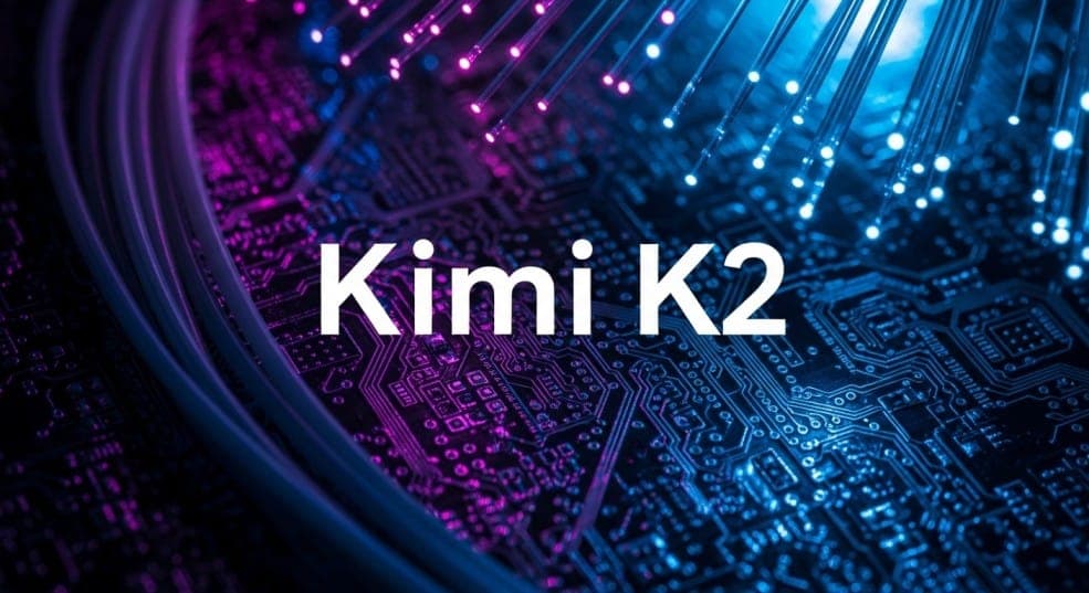 صورة توضيحية لنموذج الذكاء الاصطناعي Kimi K2 من شركة Moonshot AI الصينية، مع خلفية تقنية تظهر لوحة إلكترونية وألياف ضوئية.