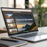 لابتوب على مكتب خشبي يعرض واجهة متصفح OpenAI Browser الجديد بالذكاء الاصطناعي.