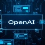 A digital screen showing the word "OpenAI" in the center, surrounded by floating windows of code interfaces, referencing the new ChatGPT agent.