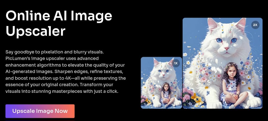 A before-and-after comparison from PicLumen's AI Image Upscaler, showing an enhanced, high-resolution image of a giant white cat and a girl next to the blurry original.