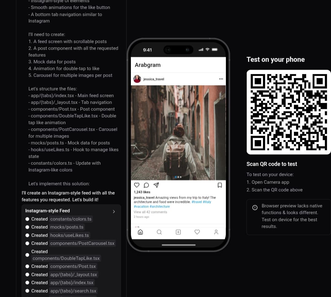 عملية إنشاء تطبيق باستخدام Rork.com من وصف نصي مع معاينة حية للتطبيق ورمز QR للاختبار.