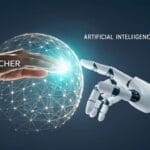 يد معلم بشرية ويد آلية تلامسان شبكة رقمية متوهجة، في رمزية للشراكة بين المعلمين والذكاء الاصطناعي لتطوير التعليم.