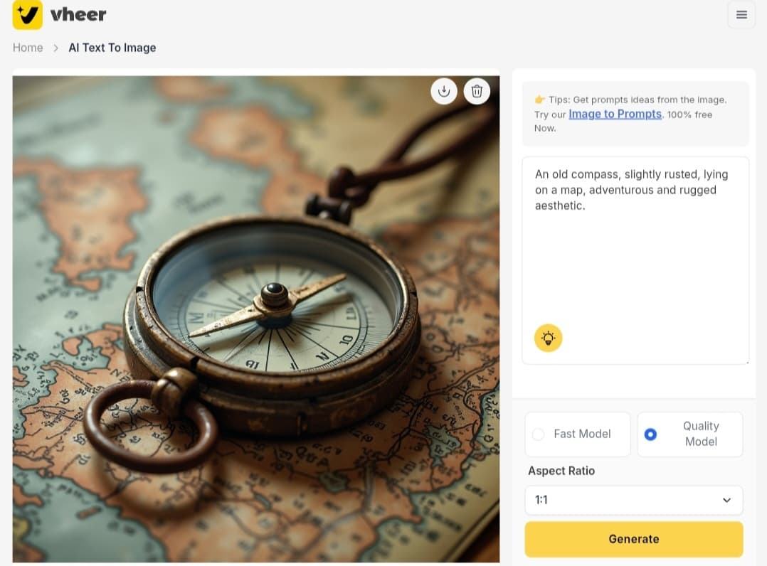 A practical example showing how to generate an image of a compass on a map using Vheer's free AI tool.
