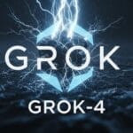 شعار Grok-4 يظهر فوق بحر هائج ومظلم، مع وميض من البرق يضرب من خلفه، في صورة تعبر عن الإطلاق القوي والمثير للجدل.
