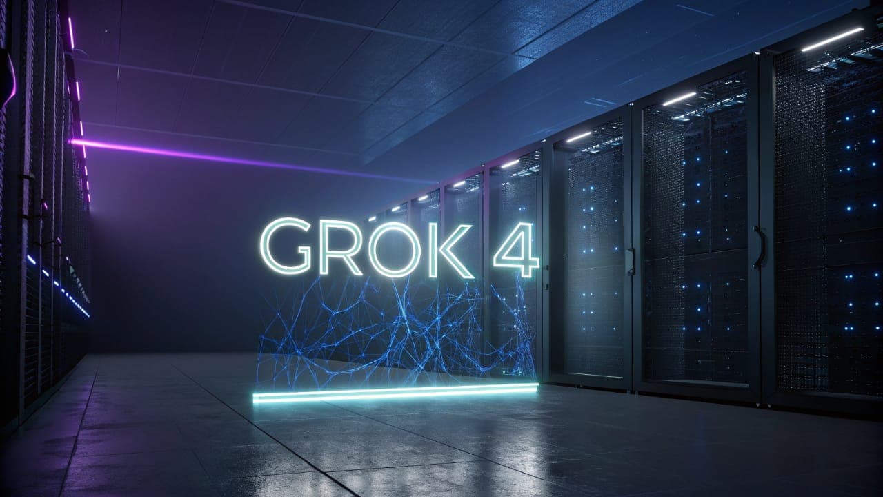 شعار Grok 4 يضيء باللون الأبيض والأزرق داخل مركز بيانات مستقبلي، مع وجود خوادم على الجانبين وشبكات عصبية متوهجة أسفل الشعار.