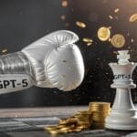 A silver boxing glove labeled GPT-5 delivers a powerful punch to a white king chess piece, scattering gold coins across the chessboard.